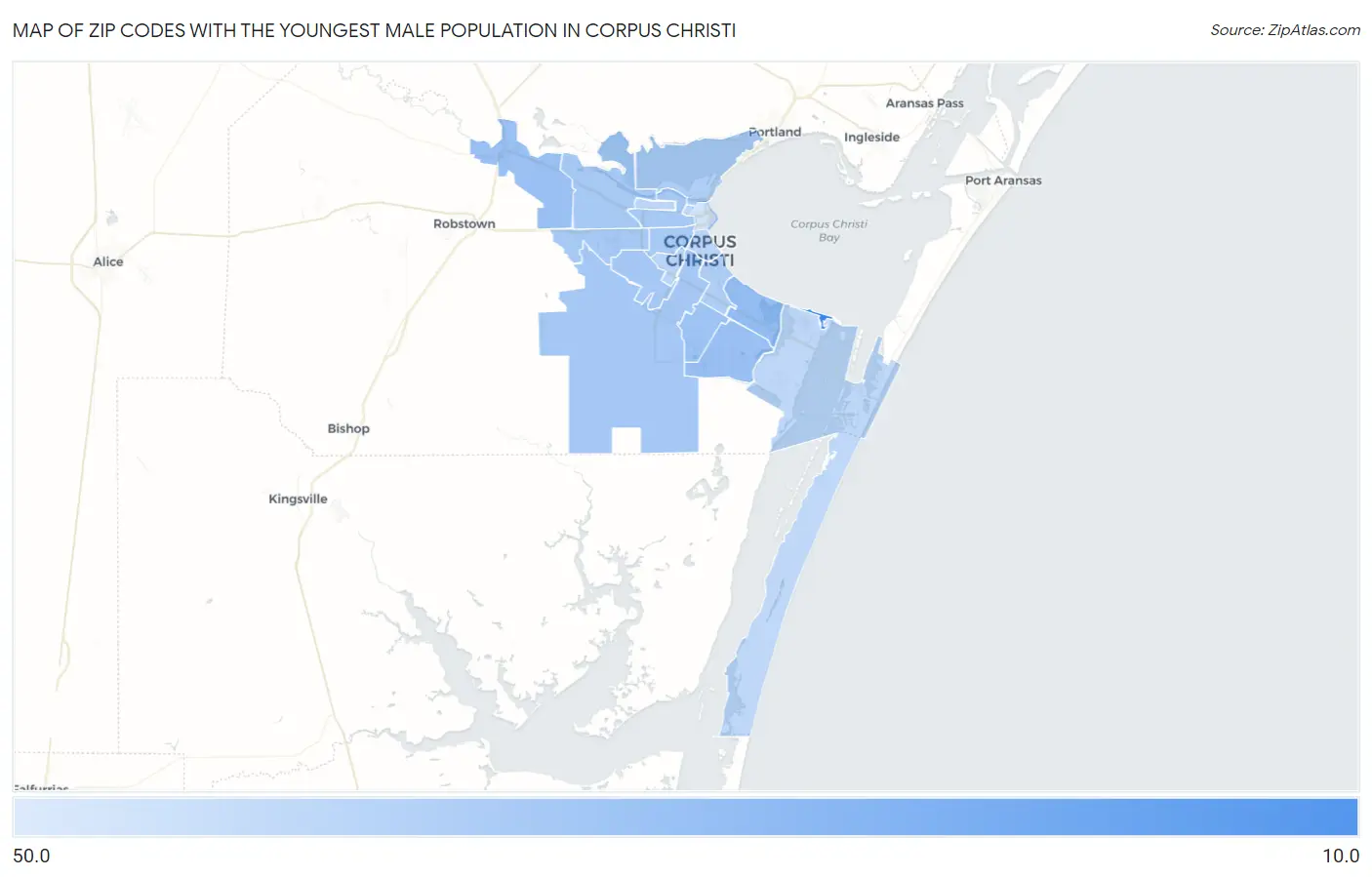 Zip Codes with the Youngest Male Population in Corpus Christi Map