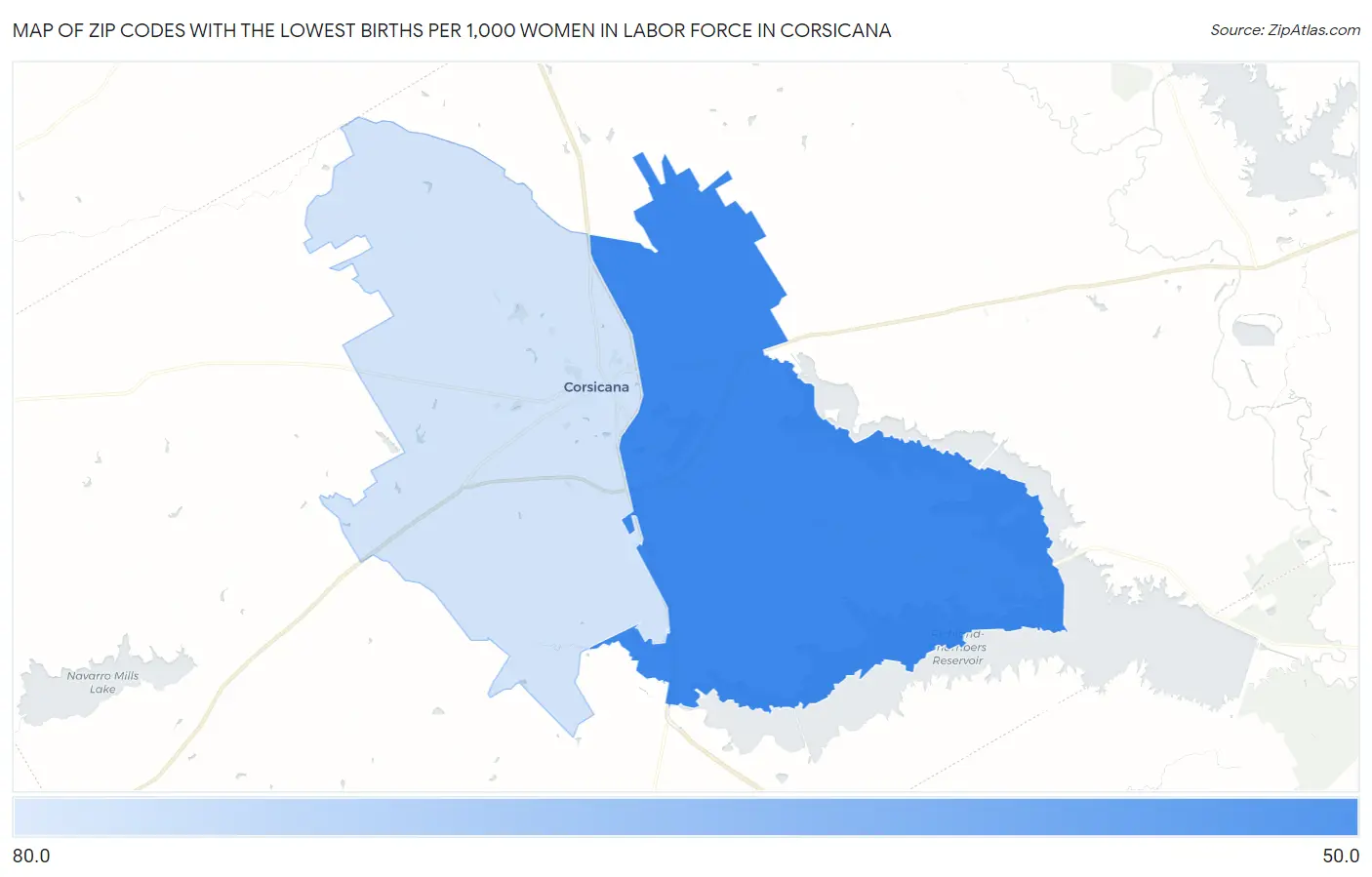Zip Codes with the Lowest Births per 1,000 Women in Labor Force in Corsicana Map