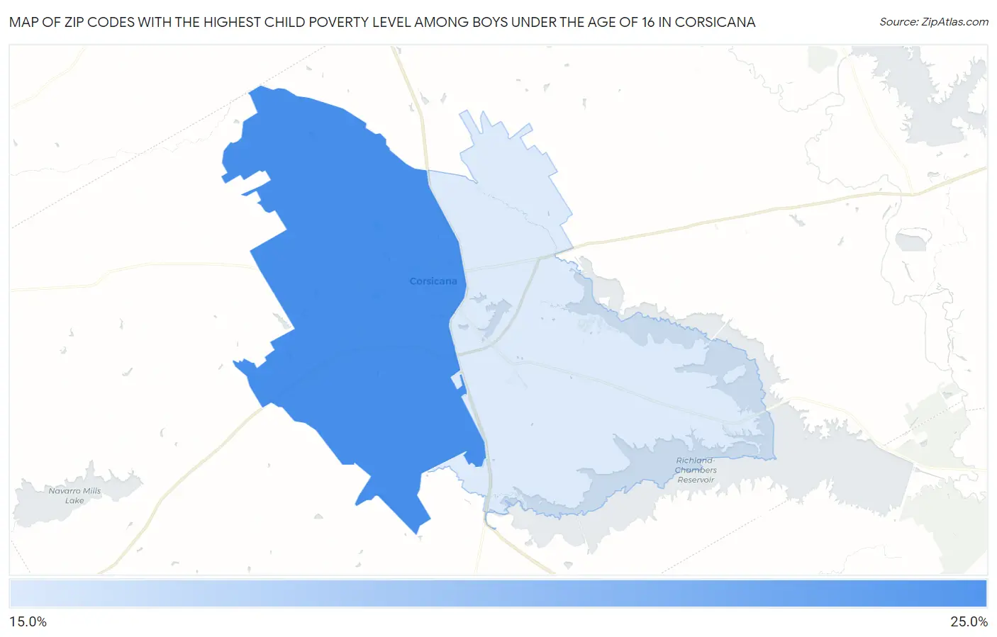 Zip Codes with the Highest Child Poverty Level Among Boys Under the Age of 16 in Corsicana Map