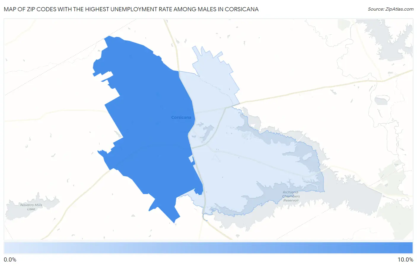 Zip Codes with the Highest Unemployment Rate Among Males in Corsicana Map