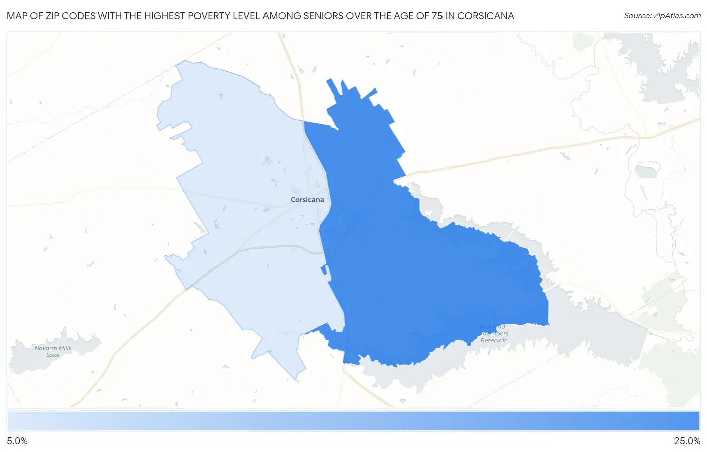 Zip Codes with the Highest Poverty Level Among Seniors Over the Age of 75 in Corsicana Map