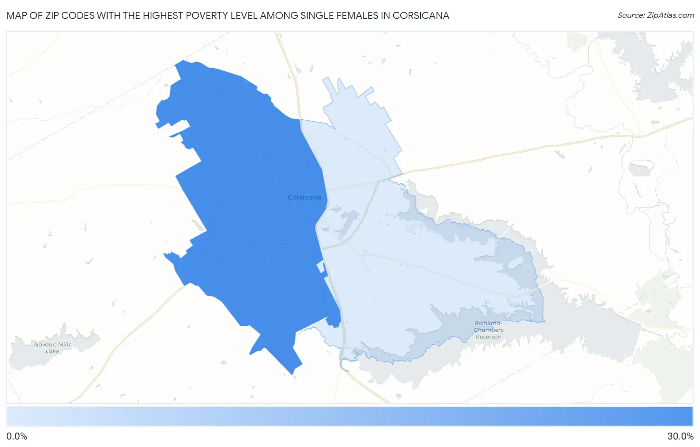 Zip Codes with the Highest Poverty Level Among Single Females in Corsicana Map