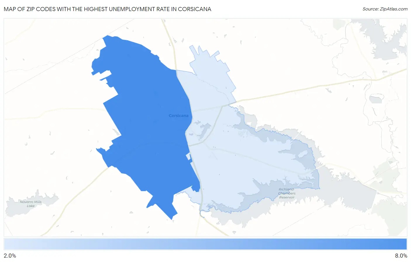 Zip Codes with the Highest Unemployment Rate in Corsicana Map