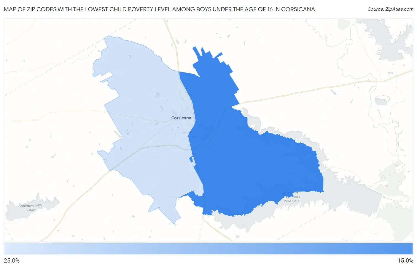 Zip Codes with the Lowest Child Poverty Level Among Boys Under the Age of 16 in Corsicana Map