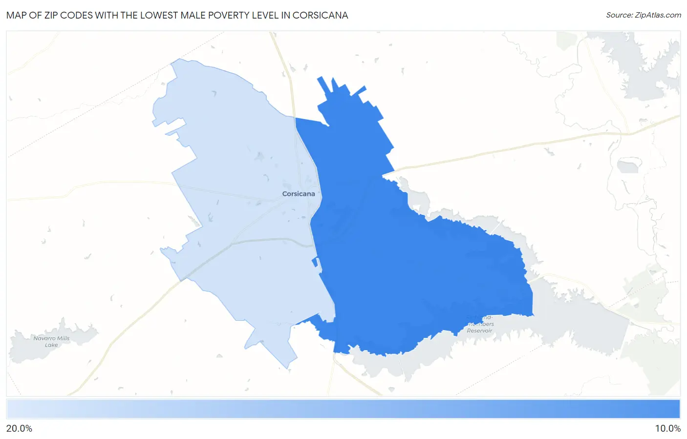 Zip Codes with the Lowest Male Poverty Level in Corsicana Map
