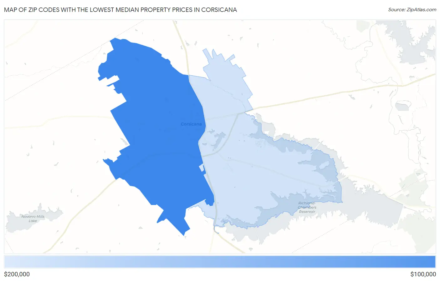 Zip Codes with the Lowest Median Property Prices in Corsicana Map