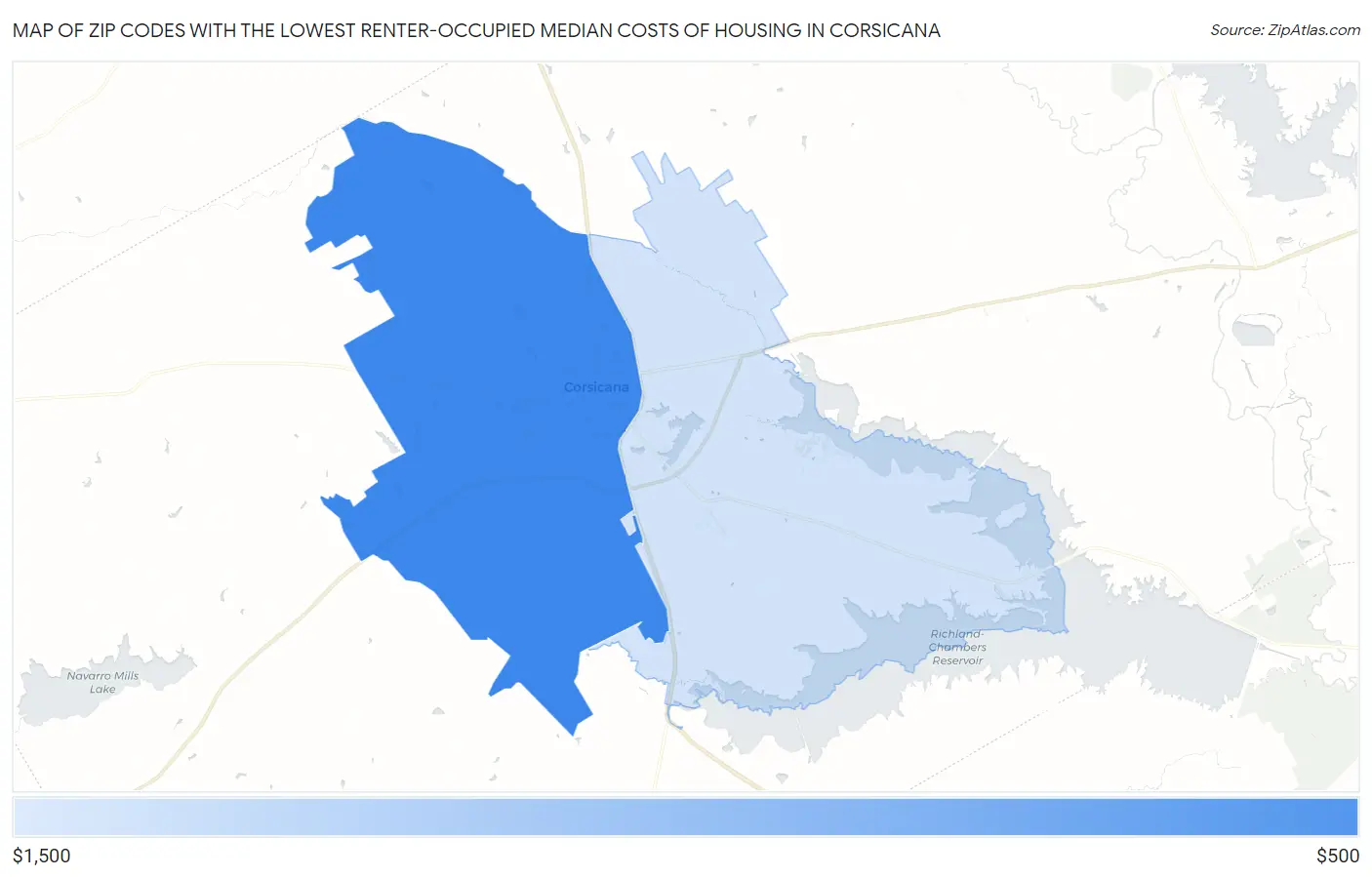 Zip Codes with the Lowest Renter-Occupied Median Costs of Housing in Corsicana Map