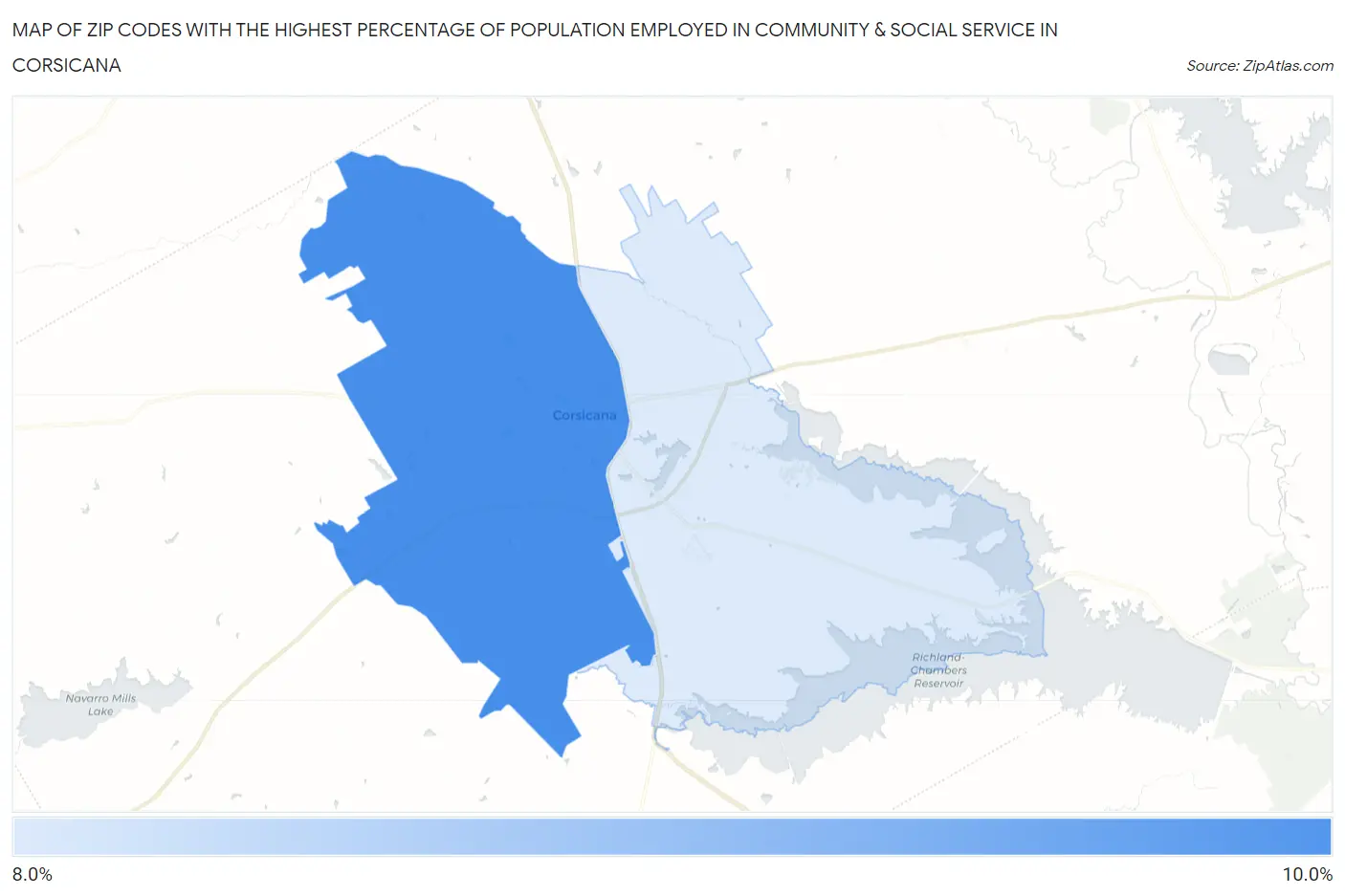 Zip Codes with the Highest Percentage of Population Employed in Community & Social Service  in Corsicana Map