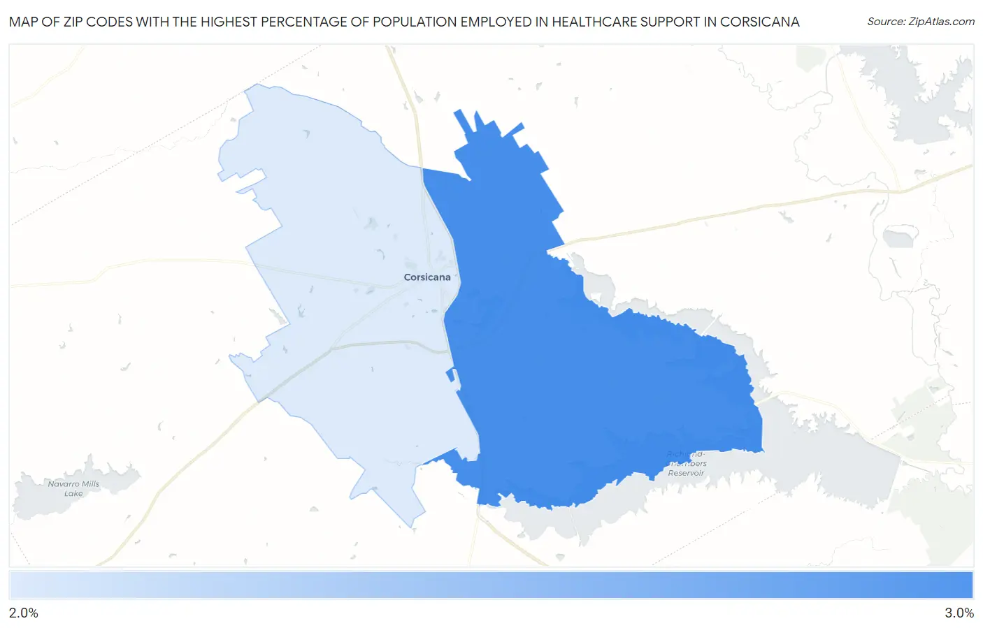 Zip Codes with the Highest Percentage of Population Employed in Healthcare Support in Corsicana Map