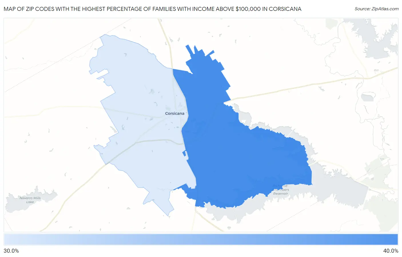 Zip Codes with the Highest Percentage of Families with Income Above $100,000 in Corsicana Map
