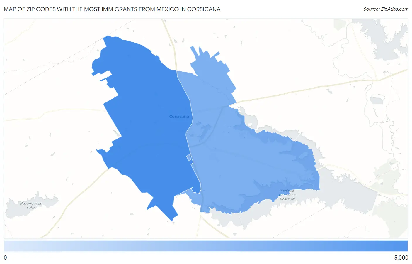 Zip Codes with the Most Immigrants from Mexico in Corsicana Map