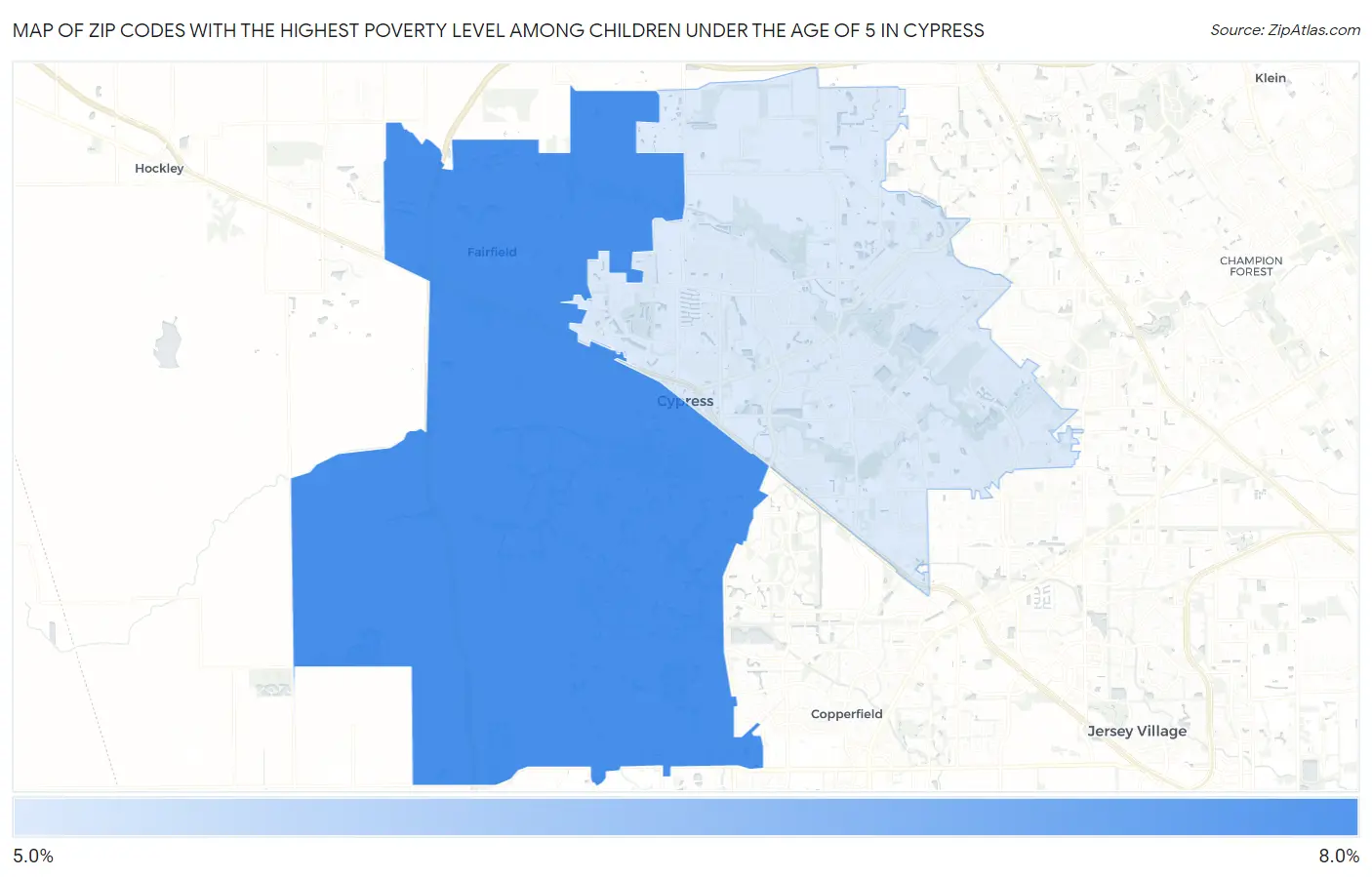 Zip Codes with the Highest Poverty Level Among Children Under the Age of 5 in Cypress Map