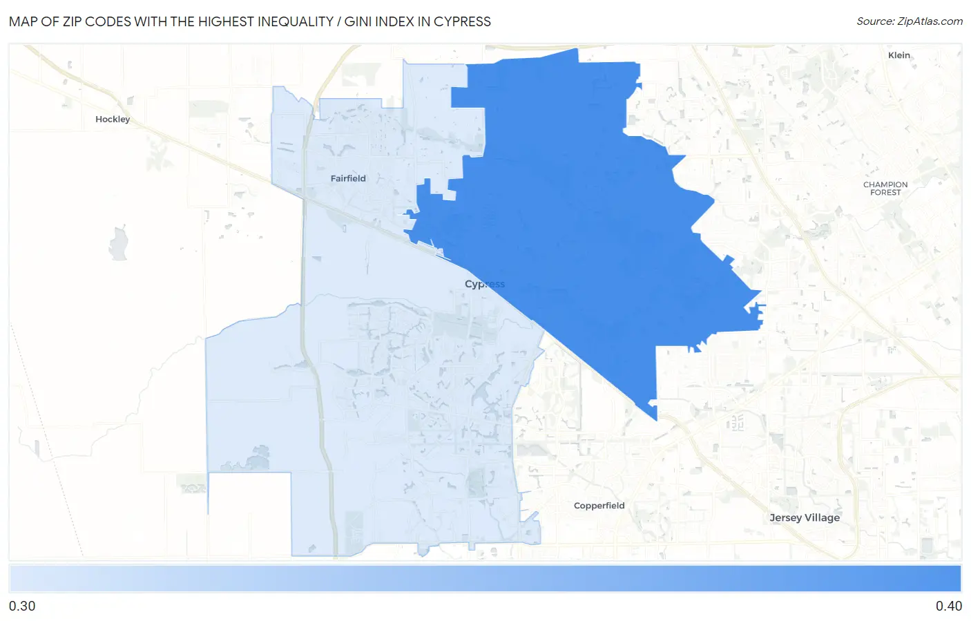 Zip Codes with the Highest Inequality / Gini Index in Cypress Map
