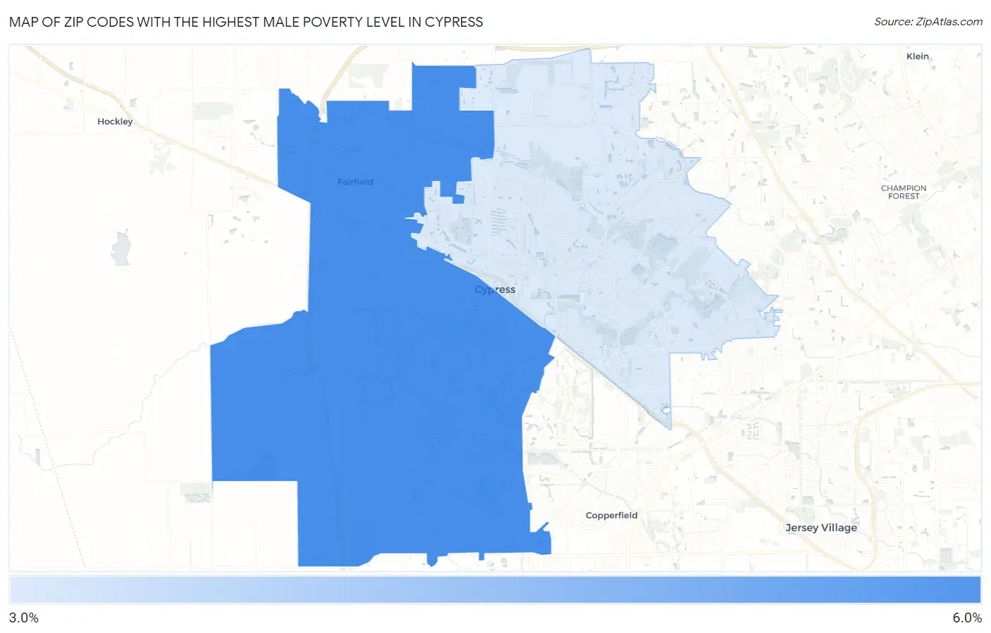 Zip Codes with the Highest Male Poverty Level in Cypress Map