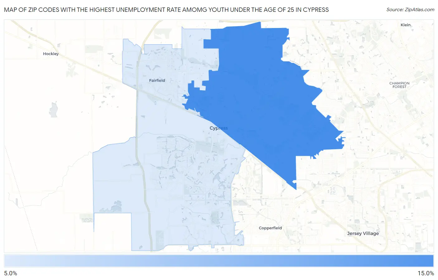 Zip Codes with the Highest Unemployment Rate Amomg Youth Under the Age of 25 in Cypress Map