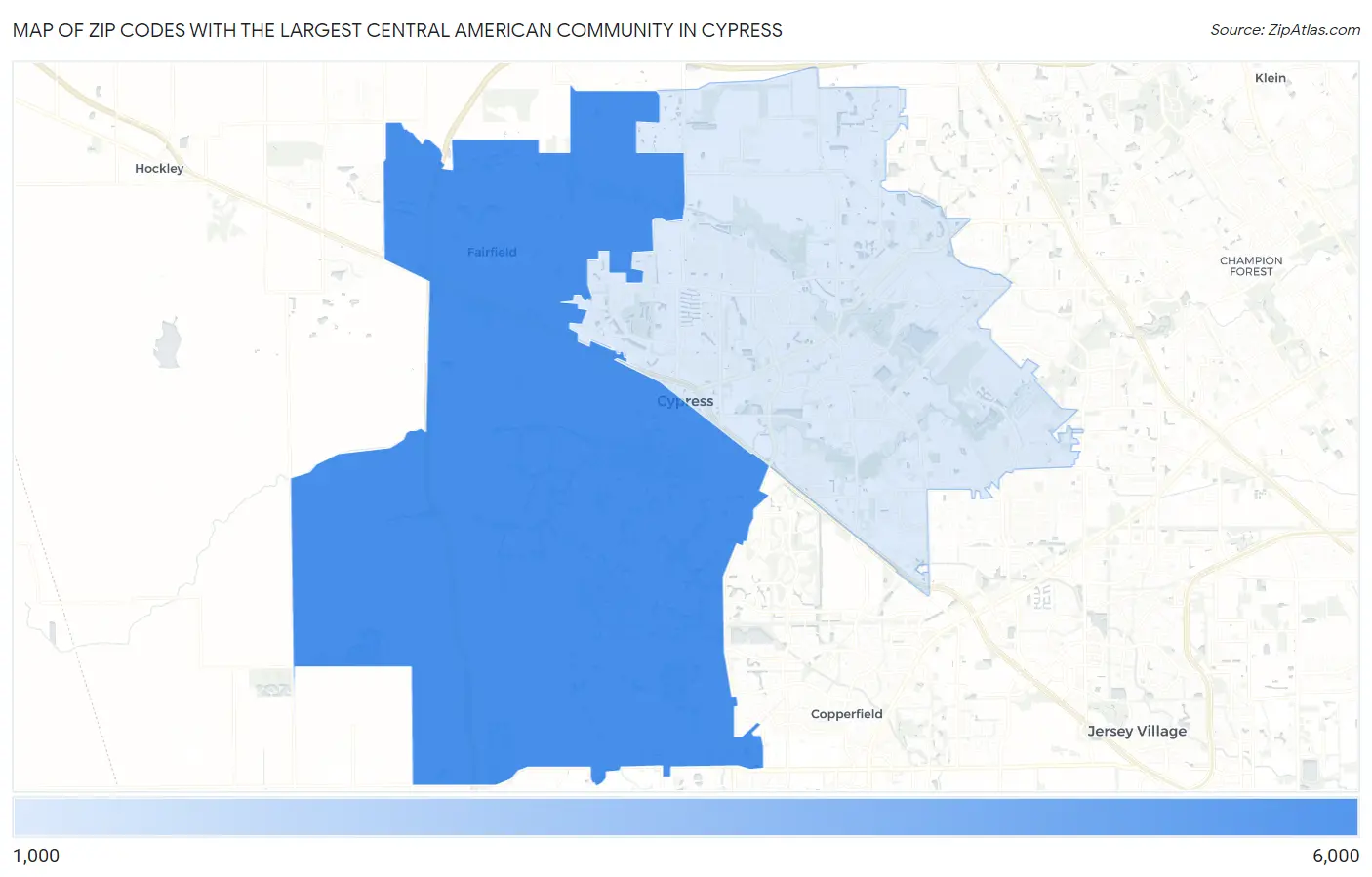 Zip Codes with the Largest Central American Community in Cypress Map