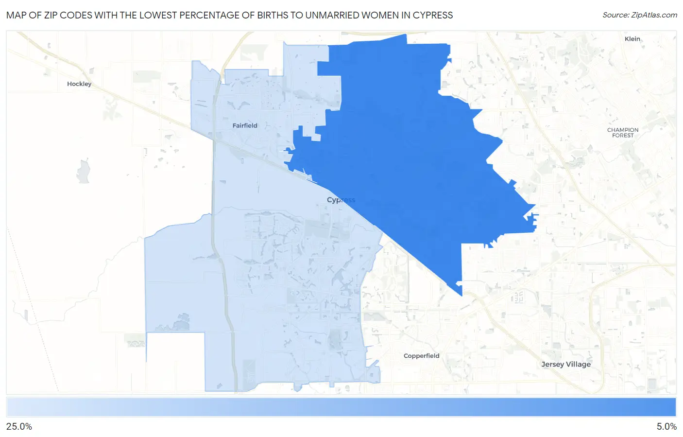 Zip Codes with the Lowest Percentage of Births to Unmarried Women in Cypress Map