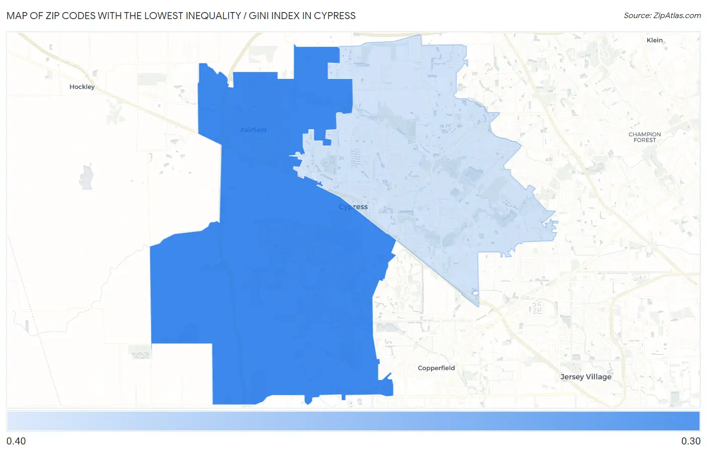 Zip Codes with the Lowest Inequality / Gini Index in Cypress Map