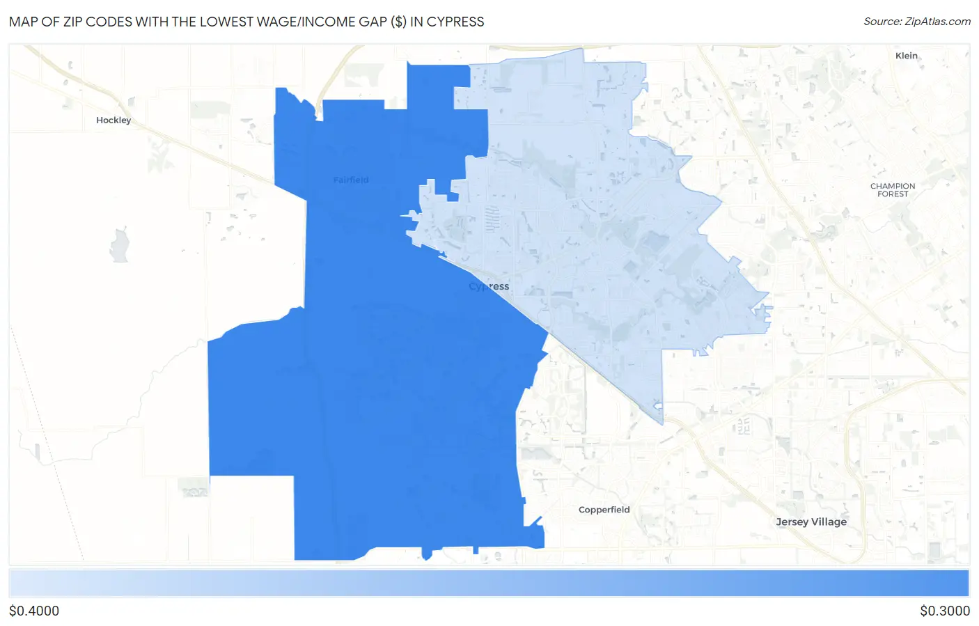 Zip Codes with the Lowest Wage/Income Gap ($) in Cypress Map