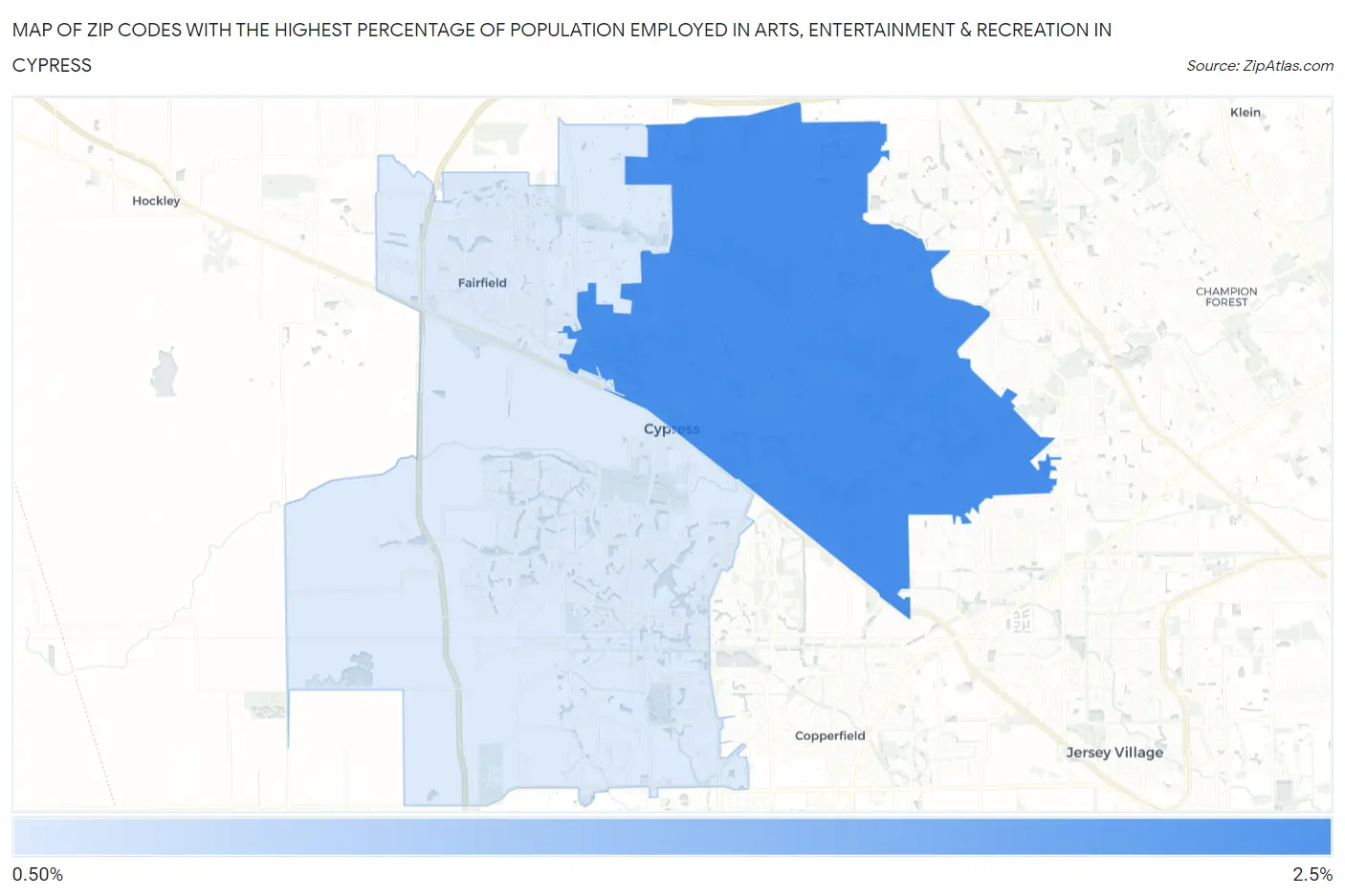 Zip Codes with the Highest Percentage of Population Employed in Arts, Entertainment & Recreation in Cypress Map