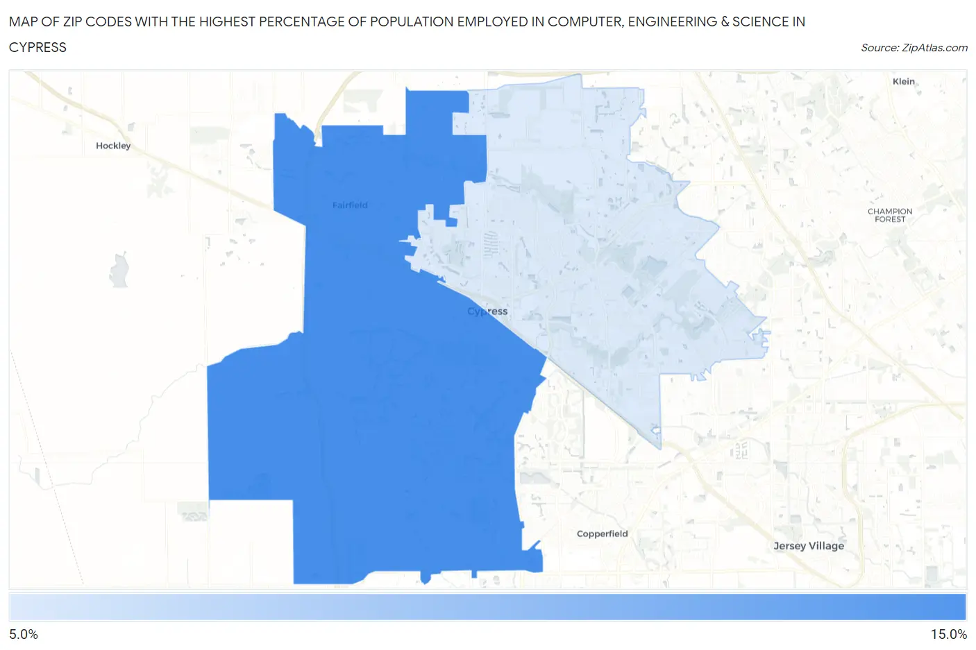 Zip Codes with the Highest Percentage of Population Employed in Computer, Engineering & Science in Cypress Map