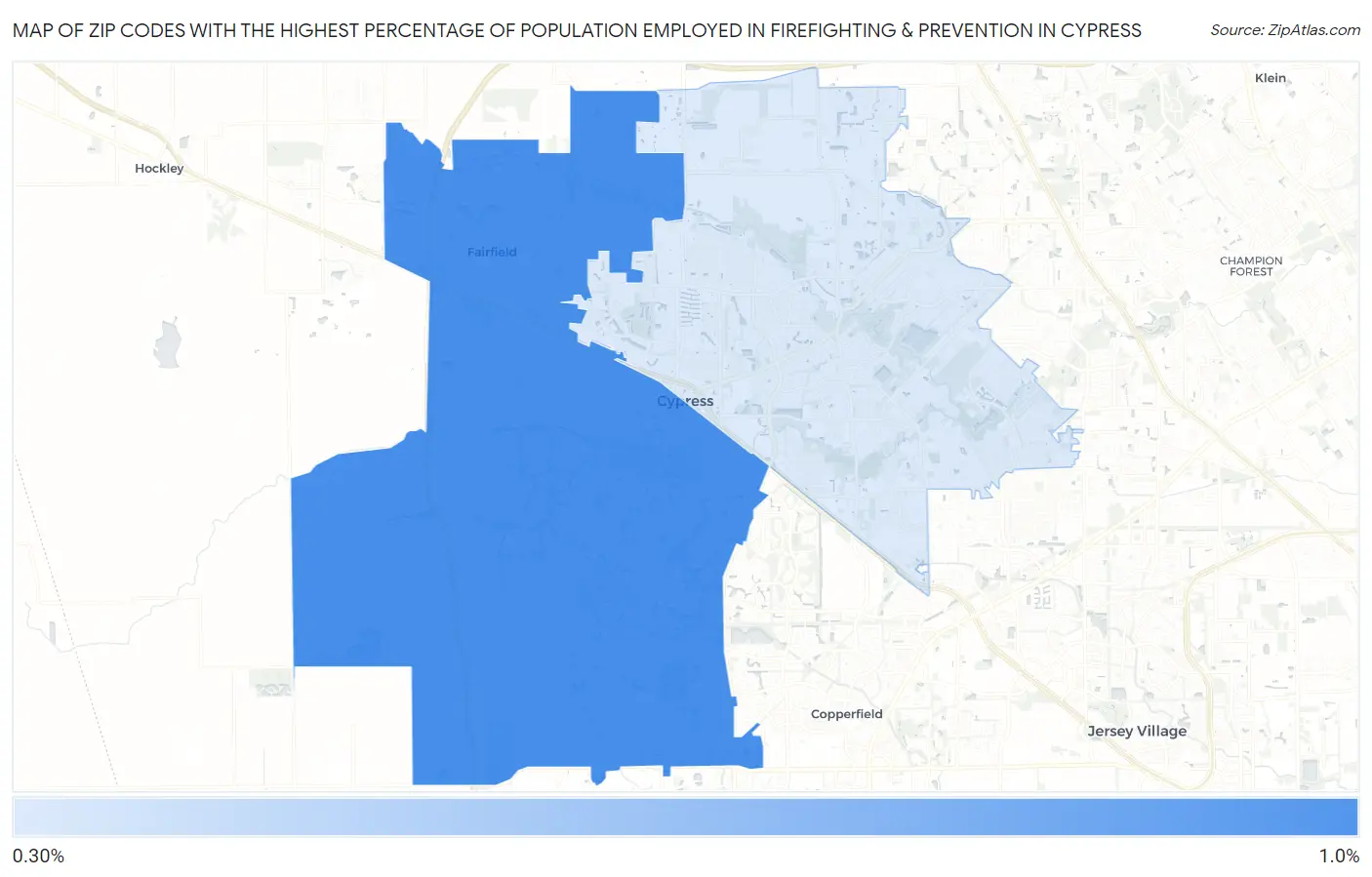 Zip Codes with the Highest Percentage of Population Employed in Firefighting & Prevention in Cypress Map