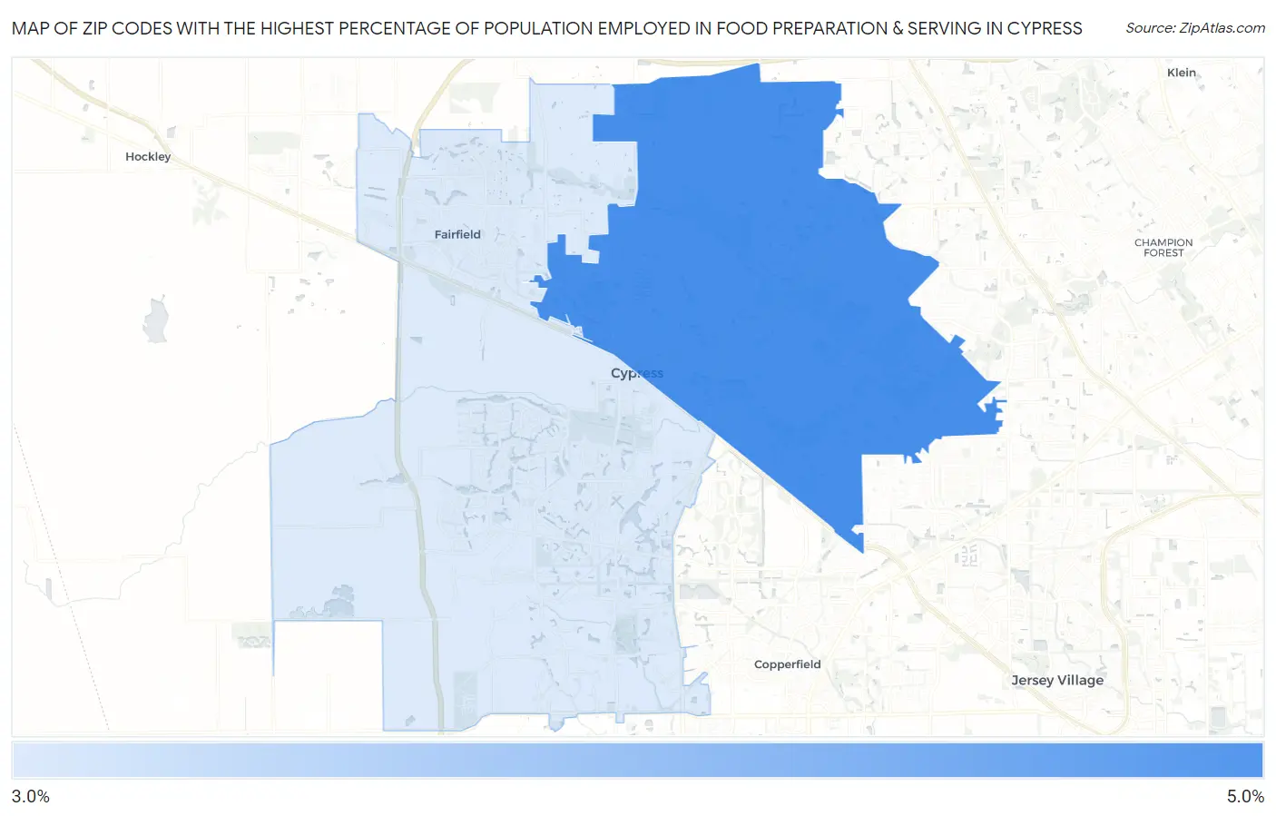 Zip Codes with the Highest Percentage of Population Employed in Food Preparation & Serving in Cypress Map