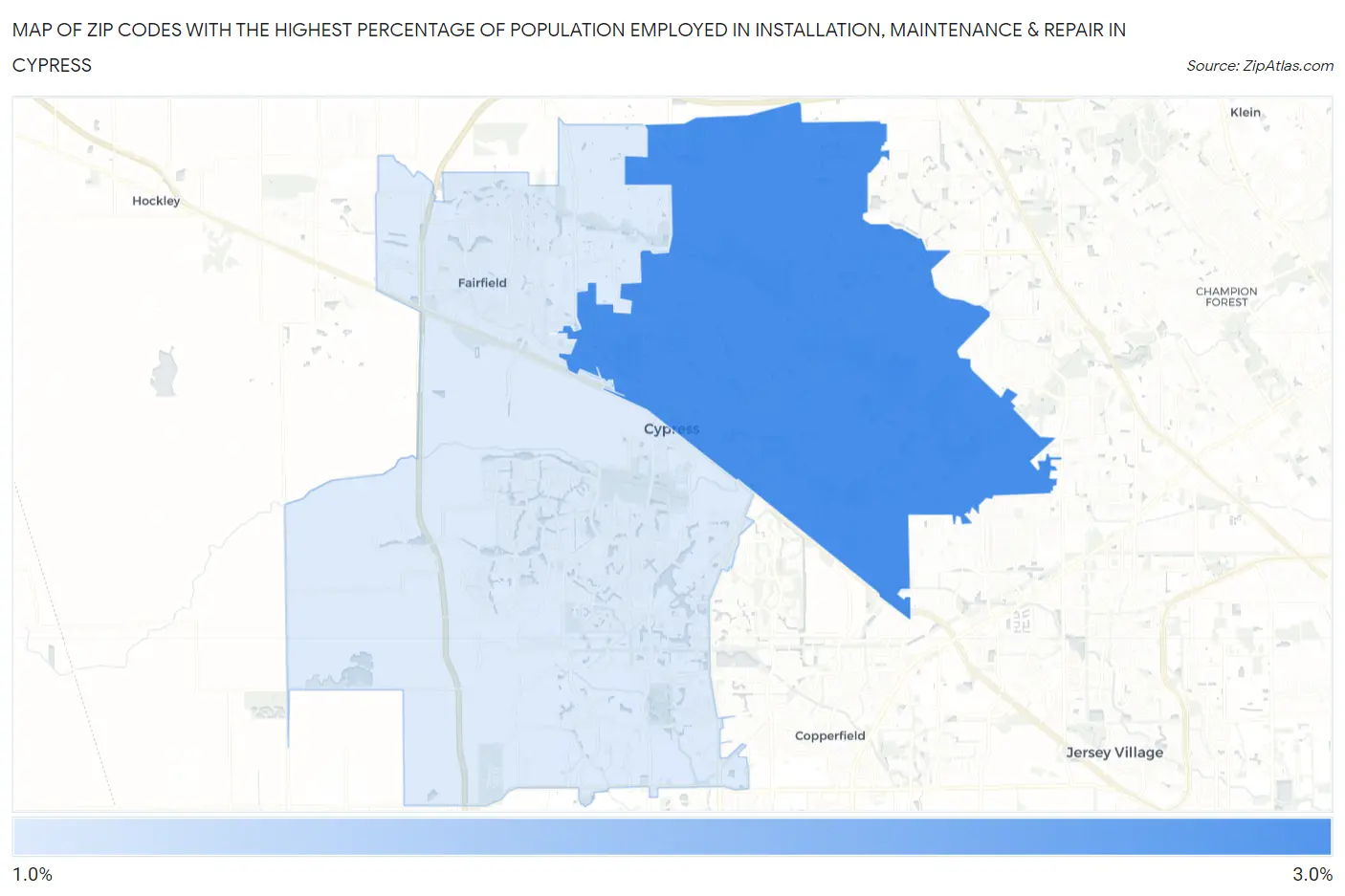 Zip Codes with the Highest Percentage of Population Employed in Installation, Maintenance & Repair in Cypress Map