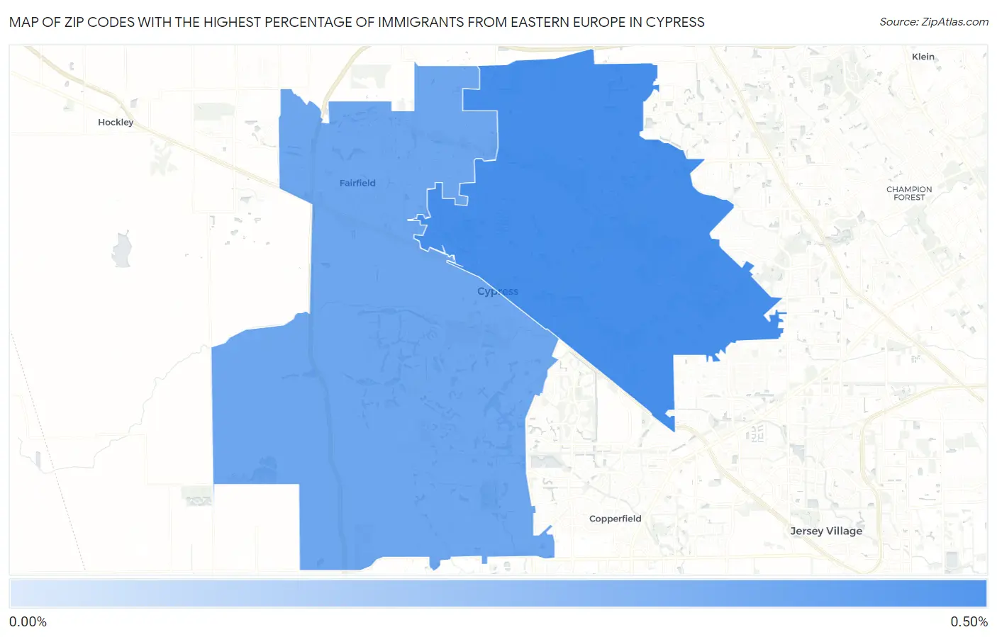Zip Codes with the Highest Percentage of Immigrants from Eastern Europe in Cypress Map
