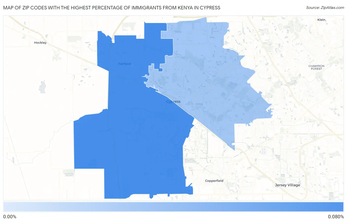 Zip Codes with the Highest Percentage of Immigrants from Kenya in Cypress Map