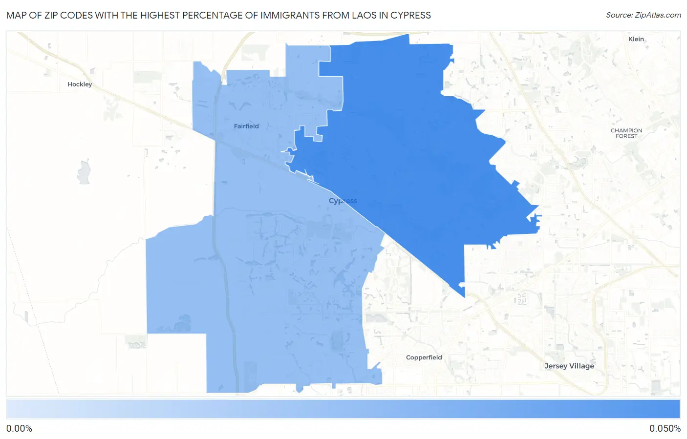 Zip Codes with the Highest Percentage of Immigrants from Laos in Cypress Map