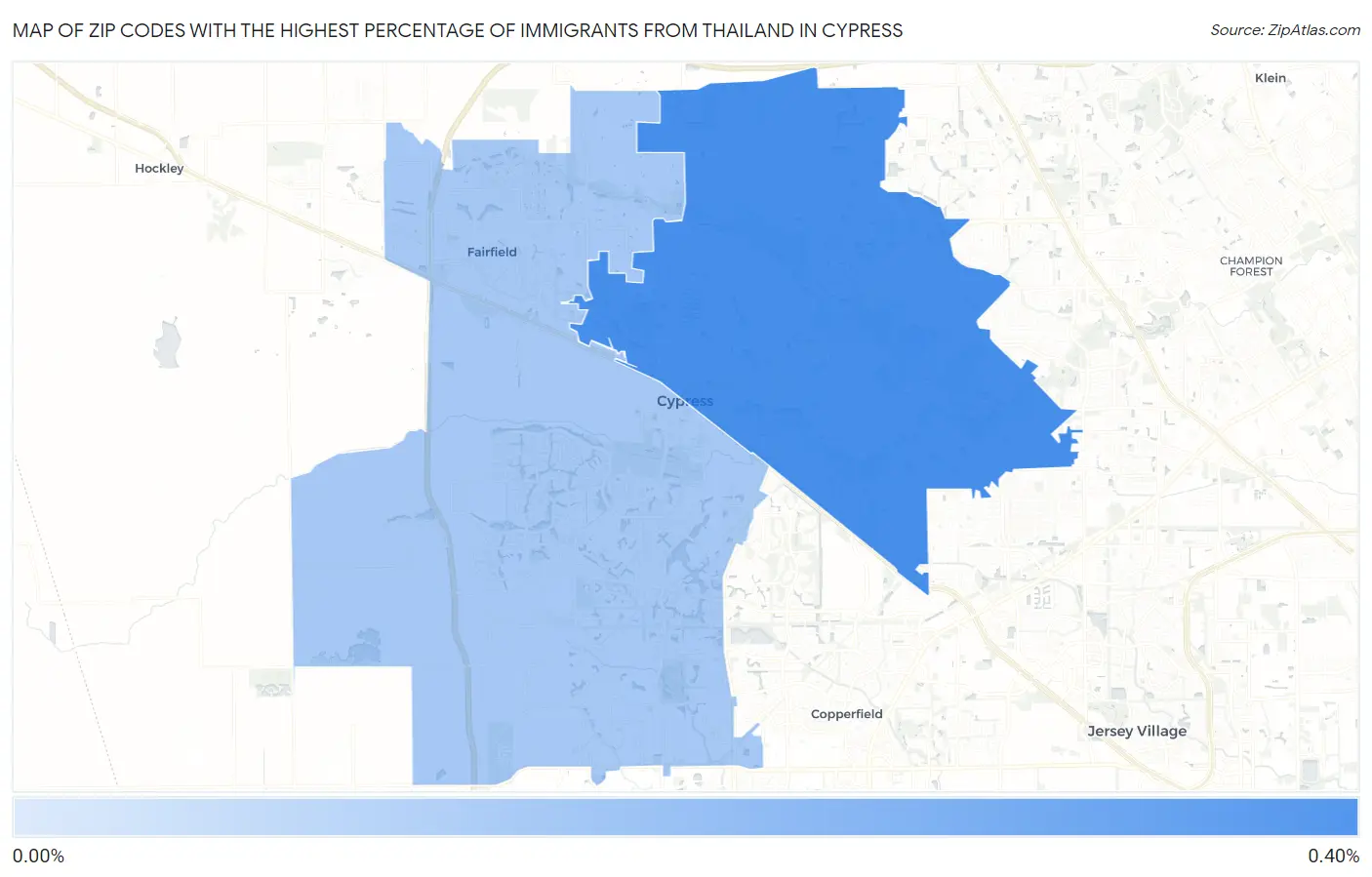 Zip Codes with the Highest Percentage of Immigrants from Thailand in Cypress Map