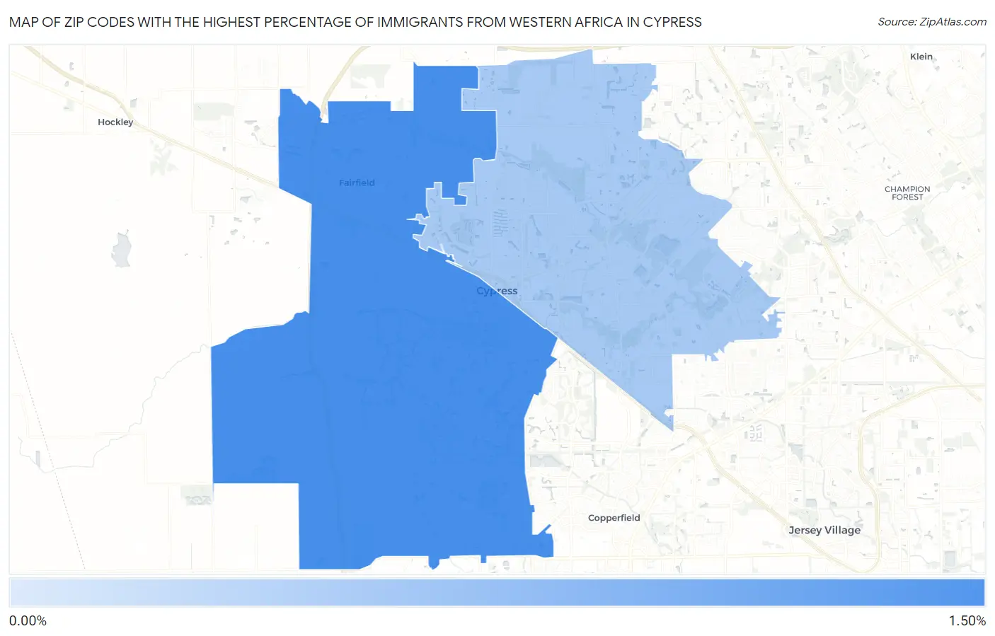 Zip Codes with the Highest Percentage of Immigrants from Western Africa in Cypress Map