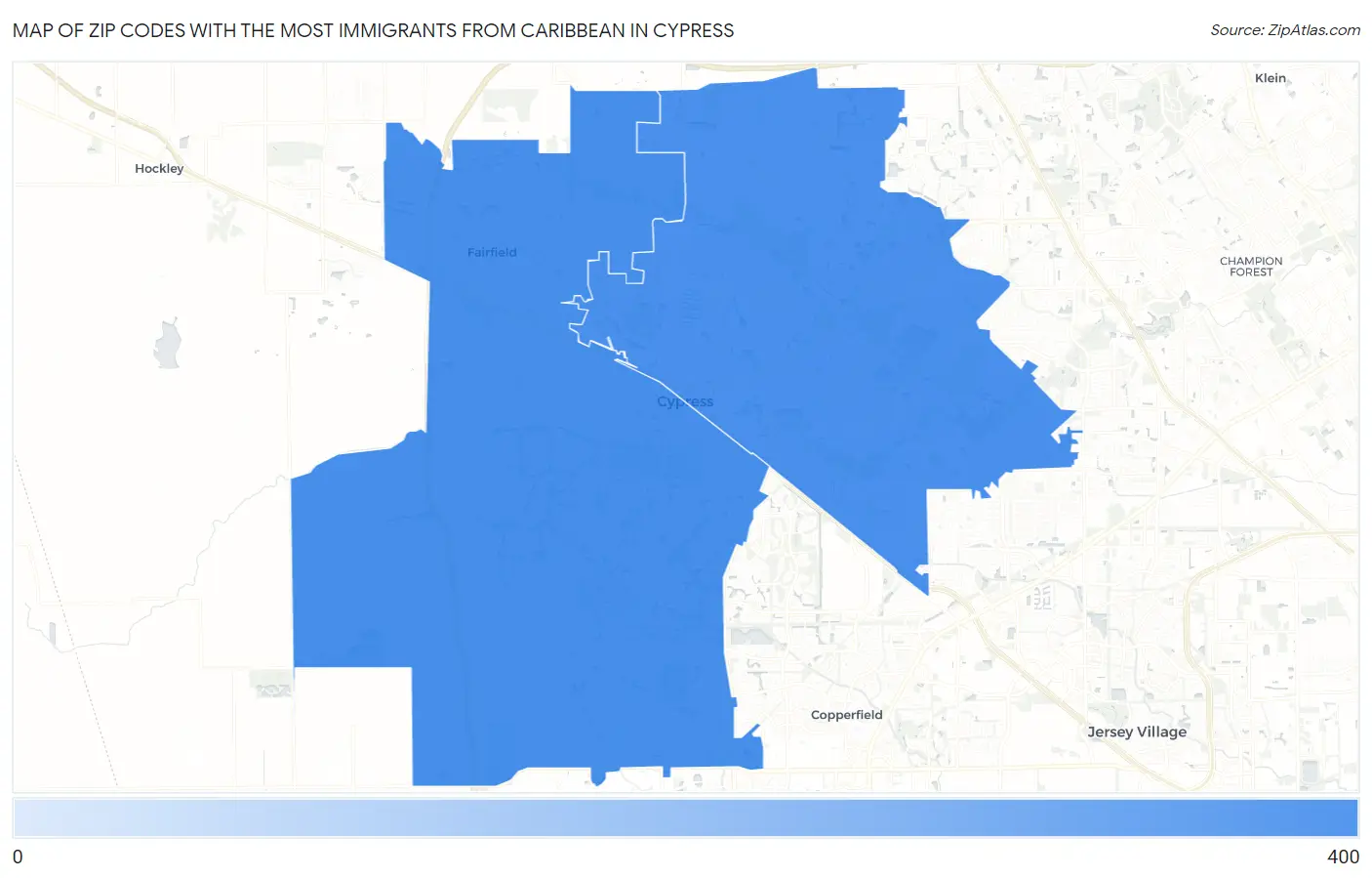 Zip Codes with the Most Immigrants from Caribbean in Cypress Map