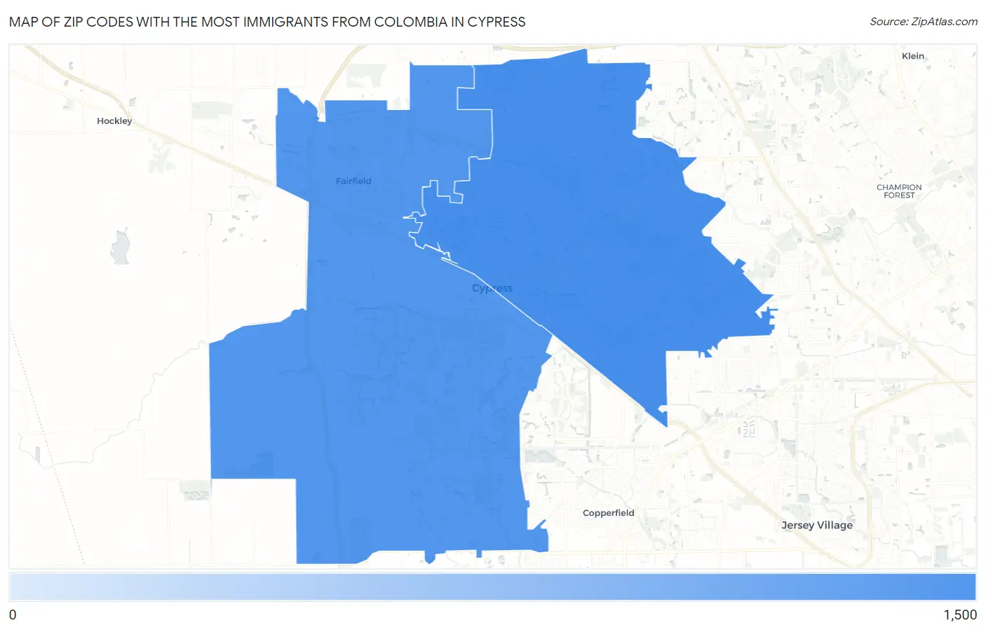 Zip Codes with the Most Immigrants from Colombia in Cypress Map