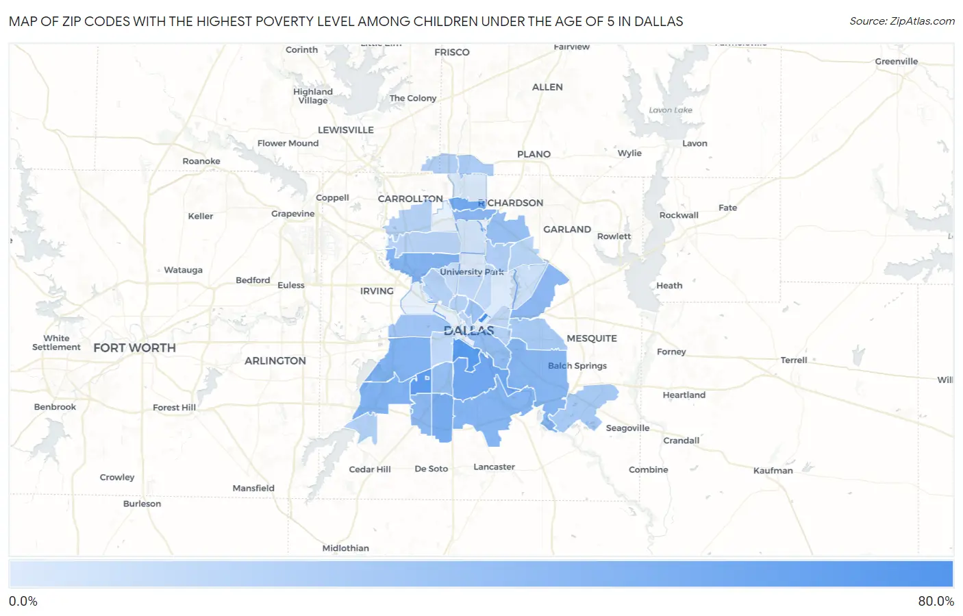 Zip Codes with the Highest Poverty Level Among Children Under the Age of 5 in Dallas Map