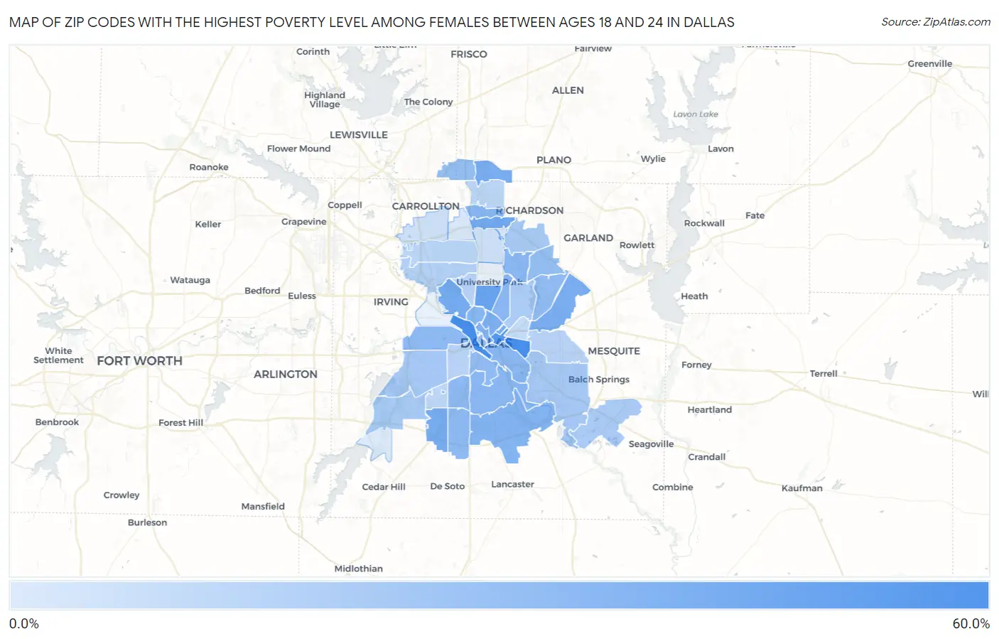 Zip Codes with the Highest Poverty Level Among Females Between Ages 18 and 24 in Dallas Map