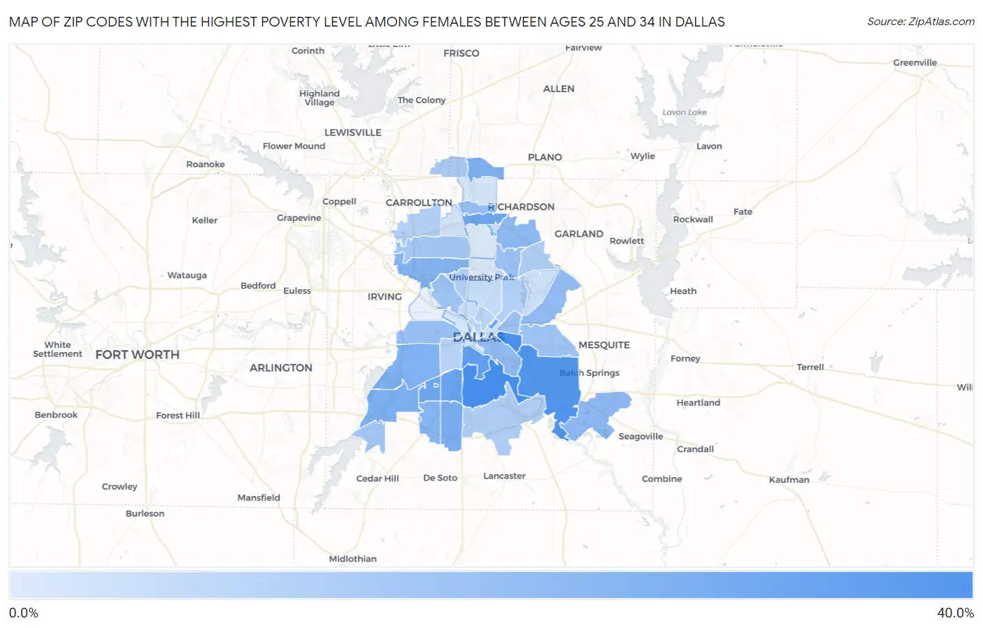 Zip Codes with the Highest Poverty Level Among Females Between Ages 25 and 34 in Dallas Map