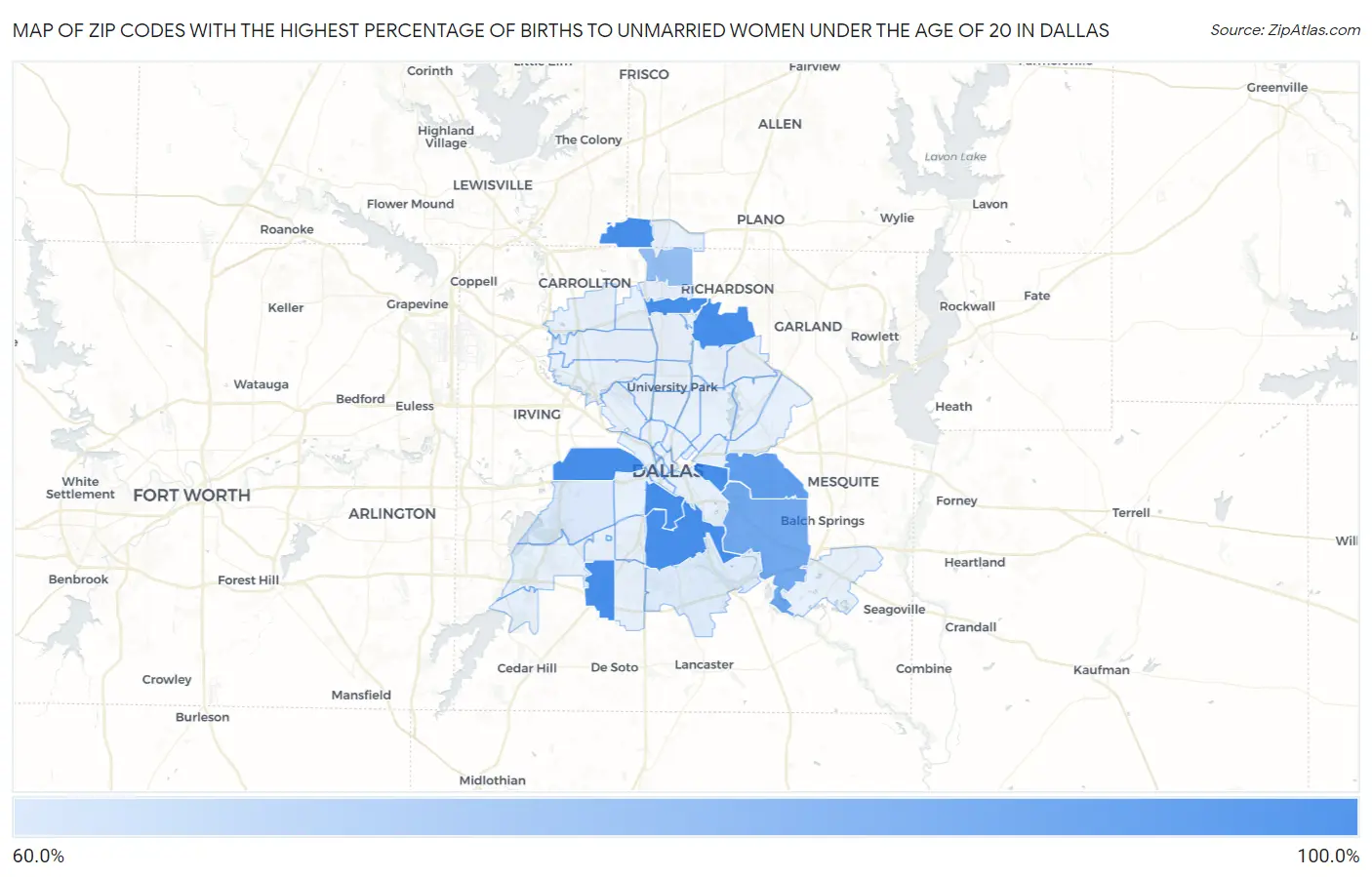 Zip Codes with the Highest Percentage of Births to Unmarried Women under the Age of 20 in Dallas Map
