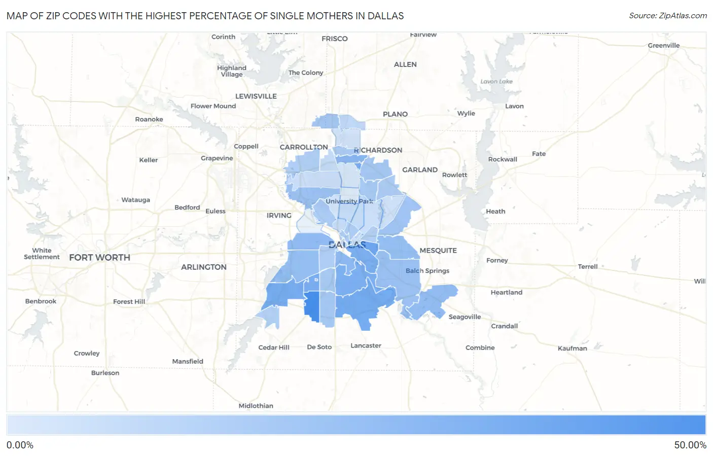 Zip Codes with the Highest Percentage of Single Mothers in Dallas Map