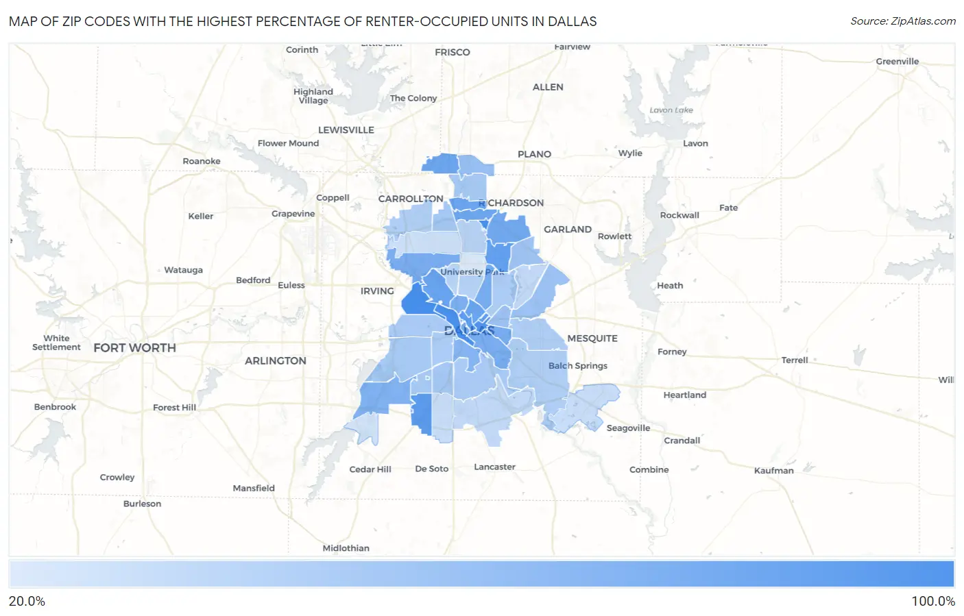 Zip Codes with the Highest Percentage of Renter-Occupied Units in Dallas Map