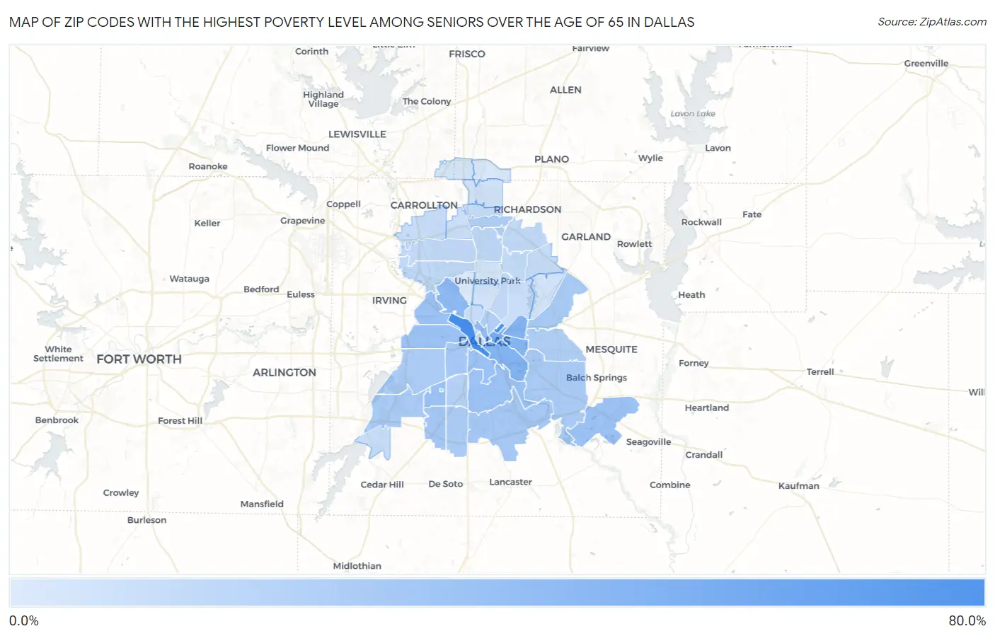 Zip Codes with the Highest Poverty Level Among Seniors Over the Age of 65 in Dallas Map