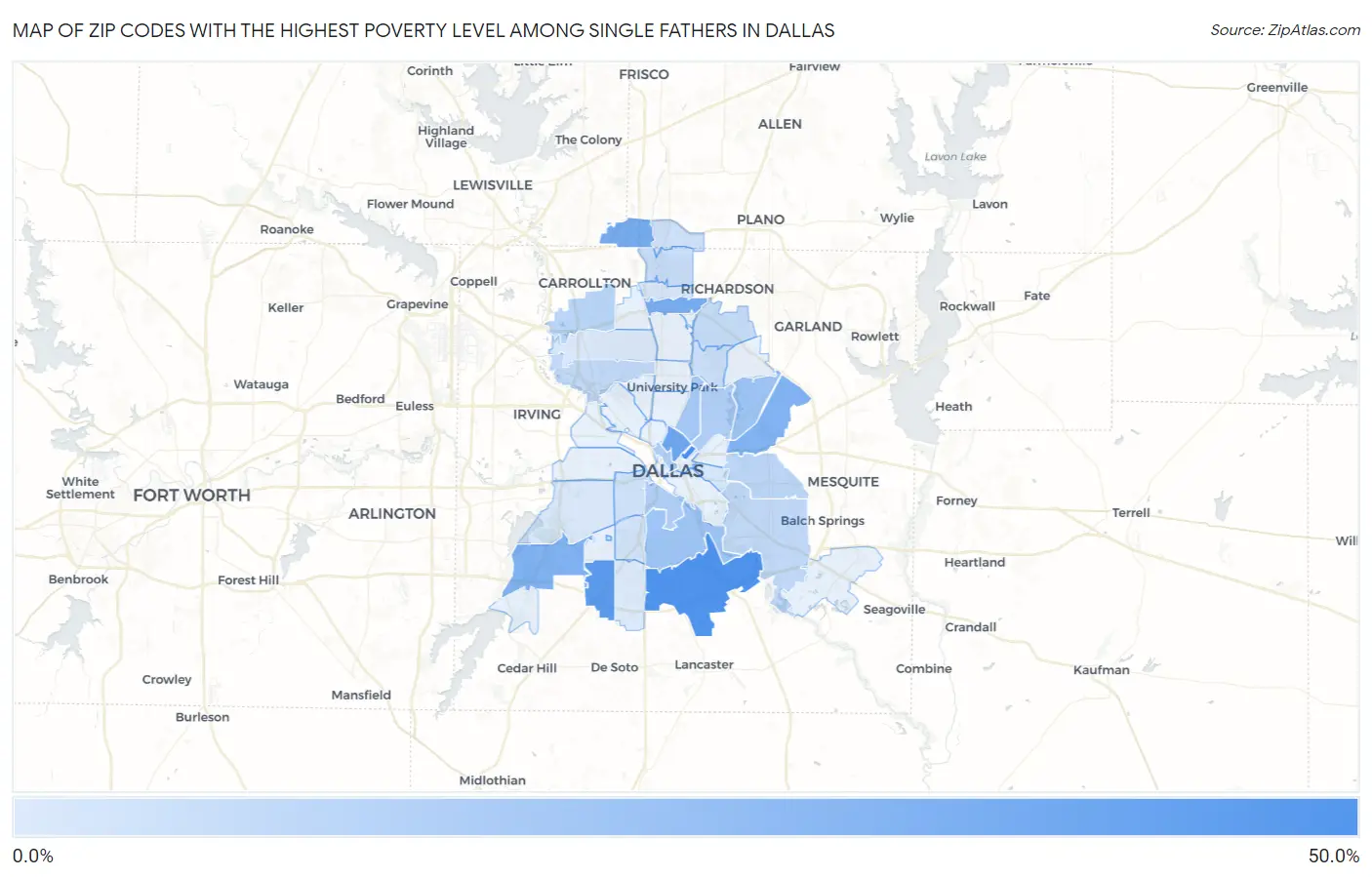 Zip Codes with the Highest Poverty Level Among Single Fathers in Dallas Map