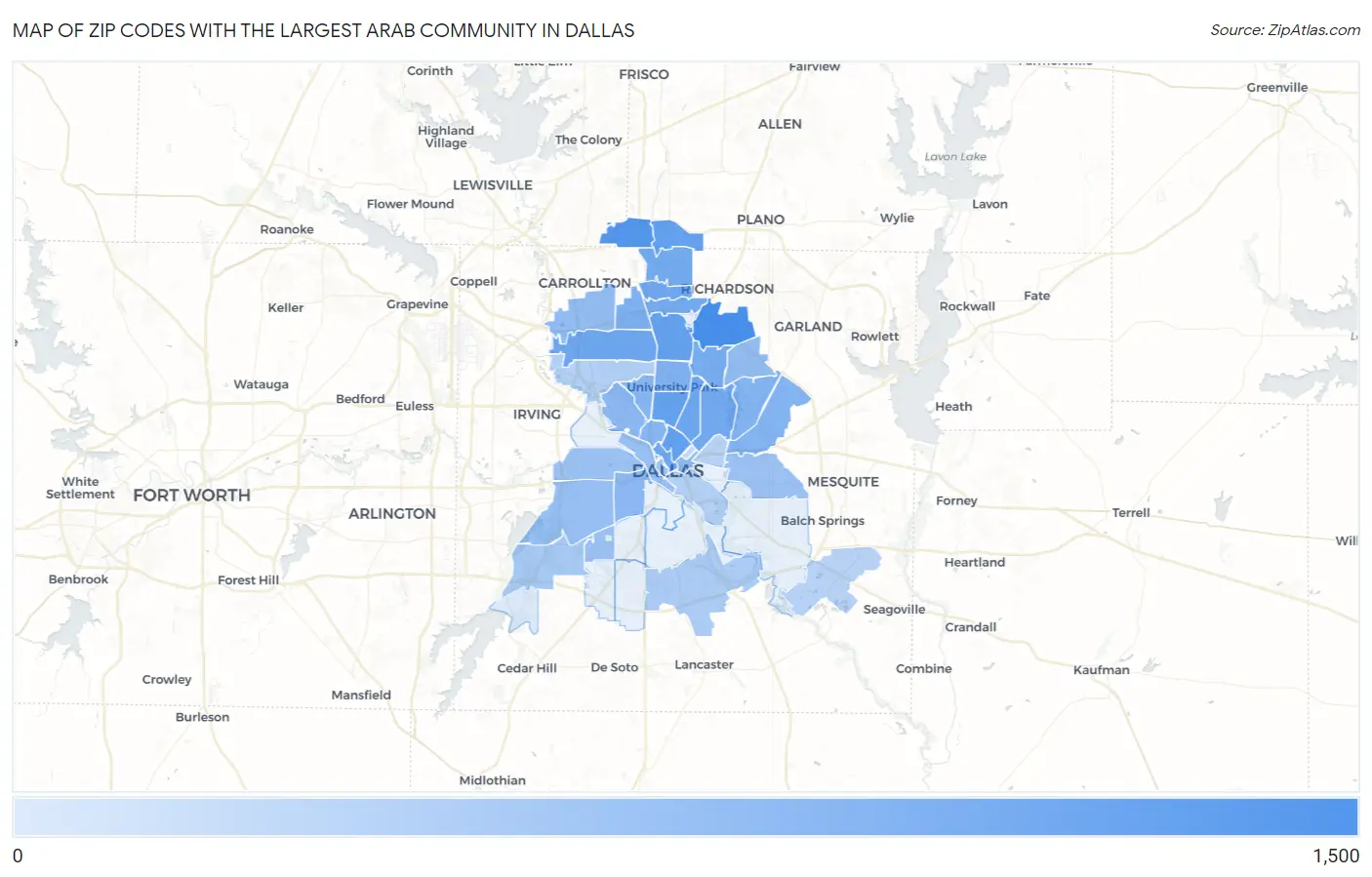 Zip Codes with the Largest Arab Community in Dallas Map