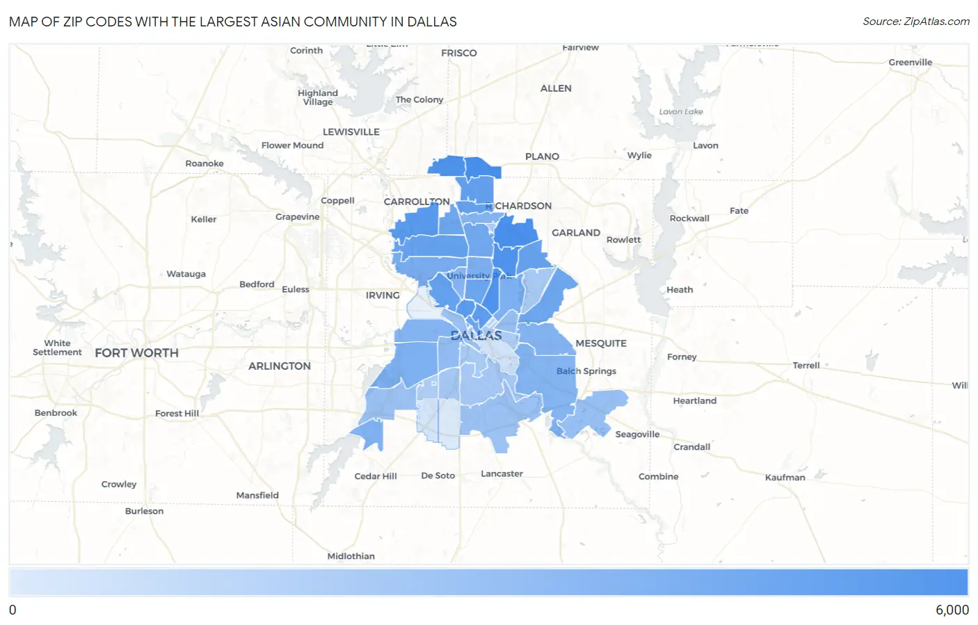 Zip Codes with the Largest Asian Community in Dallas Map