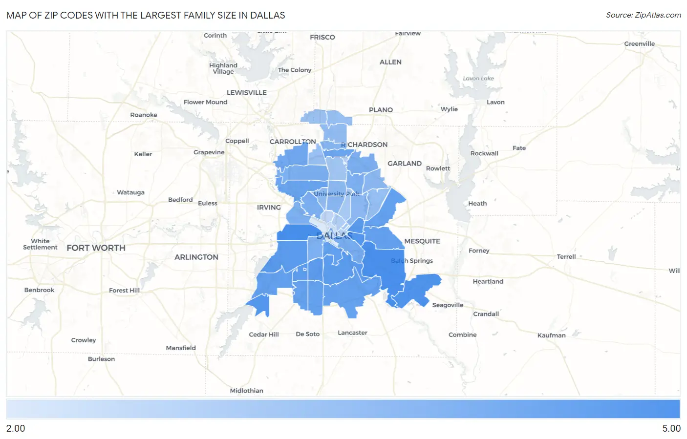 Zip Codes with the Largest Family Size in Dallas Map