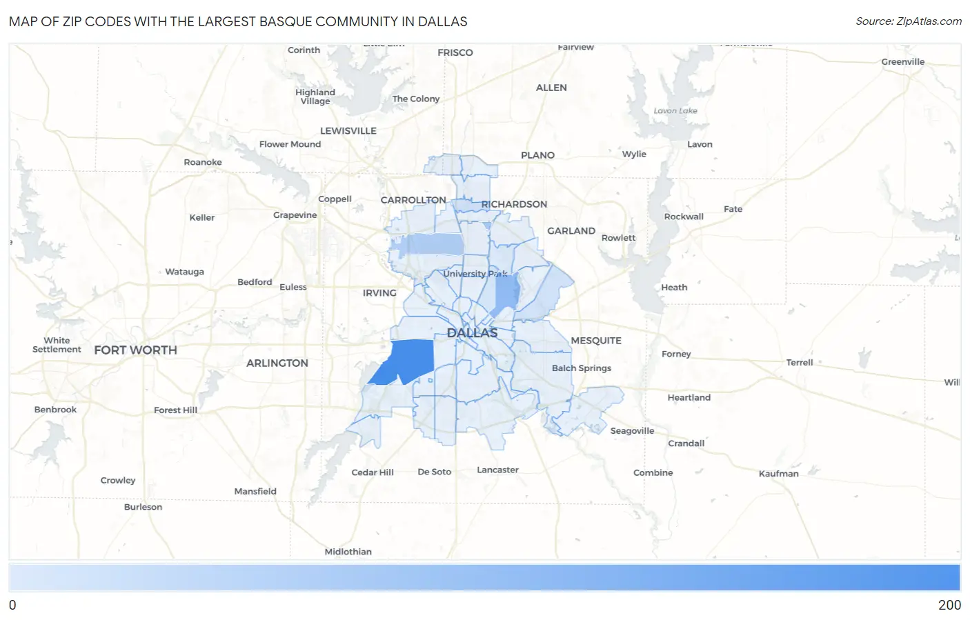 Zip Codes with the Largest Basque Community in Dallas Map
