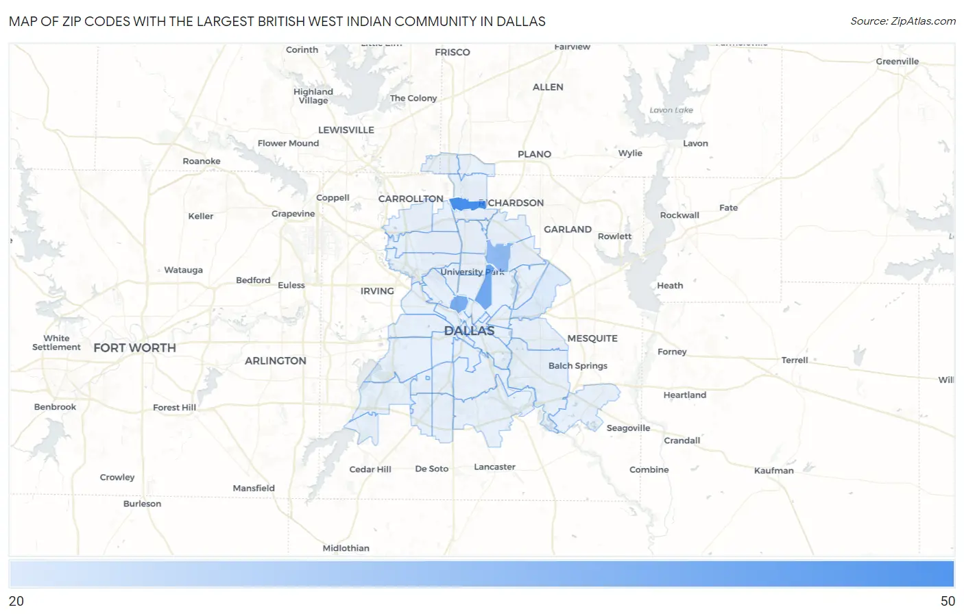 Zip Codes with the Largest British West Indian Community in Dallas Map