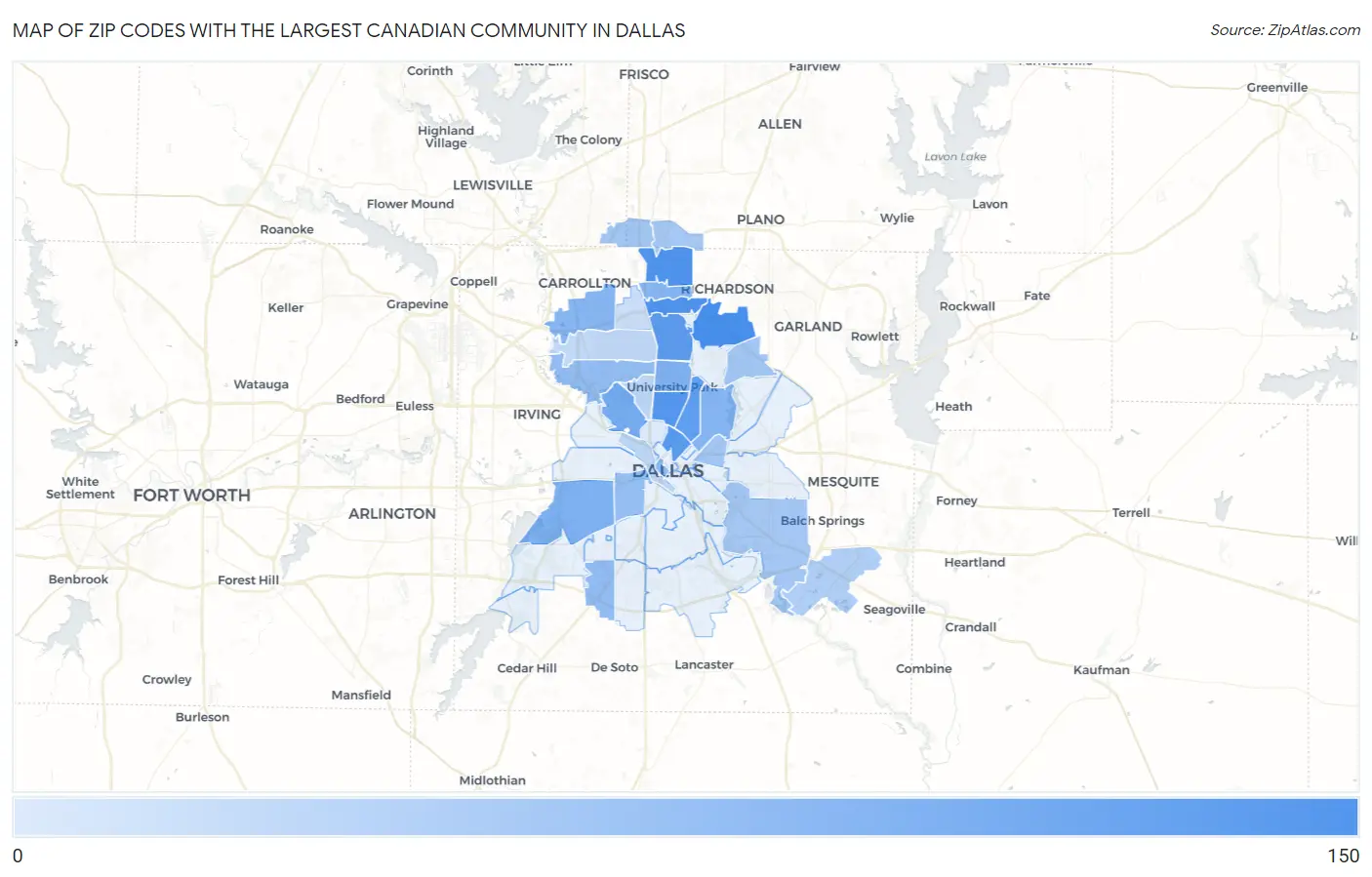 Zip Codes with the Largest Canadian Community in Dallas Map