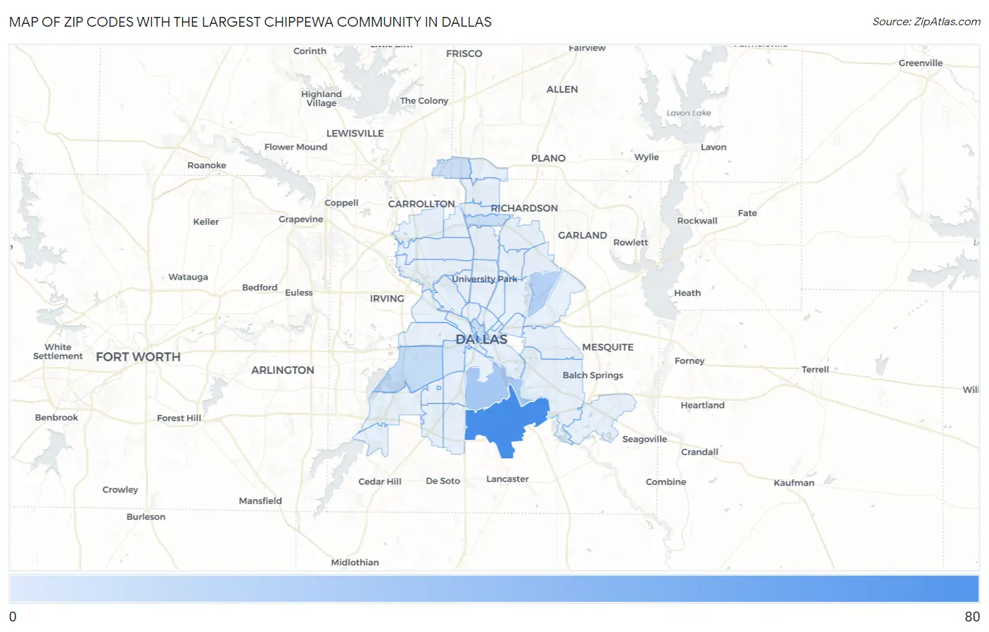 Zip Codes with the Largest Chippewa Community in Dallas Map